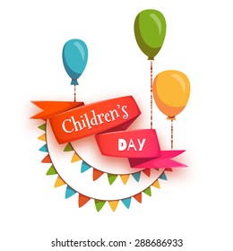 Red ribbon with Children's Day title, balloons and flags. Vector illustration.