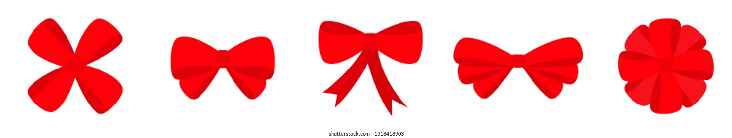 Red ribbon Christmas bow icon set line. Decoration element for giftbox present. White background. Isolated. Flat design. Vector illustration