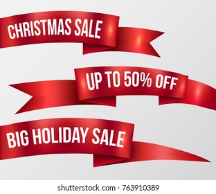 Red ribbon Christmas Sale, Holiday Sale promotion badge emblem banner set. Red sign isolated. Vector illustration realistic style.