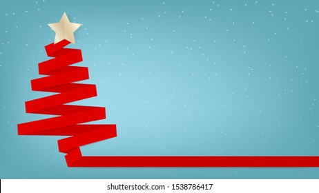 Red ribbon Christmas tree on snowing background flat illustration vector