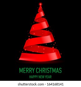 Red ribbon Christmas tree on black background. Greeting card.