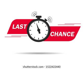 Red ribbon with clock and last chance seal. Sale banner with countdown alarm clock for retail, shop, social media, advertising. Promo label with last chance and limited time on clock. vector eps10