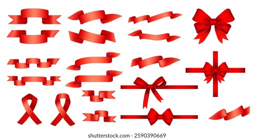 Red ribbon collection. Decorative bows. Gift wrapping elements. Various styles. Flowing designs. Celebration decorations. Present accents. Vector illustration set isolated on white.
