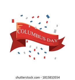 red ribbon with columbus day label on white background vector illustration design