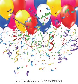 Red ribbon confetti and balloons. Graphics, poster or brochure template. Vector illustration.