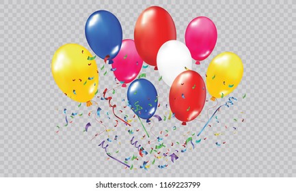 Red ribbon confetti and balloons. Graphics, poster or brochure template. Vector illustration.