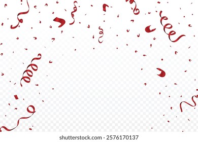 Red ribbon and confetti falling on a white background with a transparent effect. Luxury red color confetti and ribbon vector. Confetti and tinsel for christmas, valentine's day, festival, birthday.
