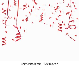 red ribbon and confetti on white 