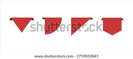 Red ribbon corner bookmark set. Page corner marker banner shapes. Folded paper corner tag collection.