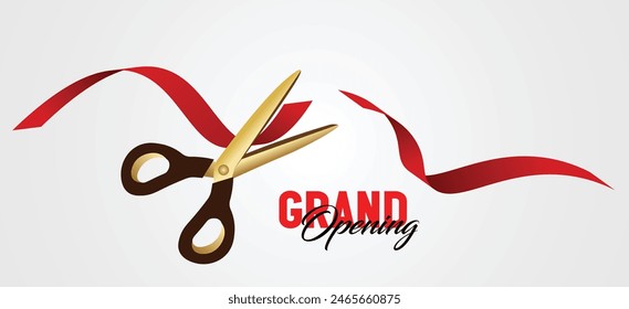 red ribbon cut with scissors grand opening ceremony vector poster