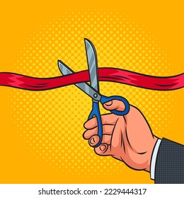 Red ribbon cutting pinup pop art retro vector illustration. Comic book style imitation.