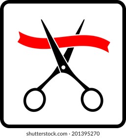 red ribbon and cutting scissors on white background