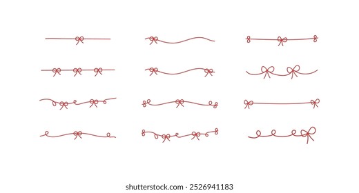 Conjunto de quadros de borda de linha de doodle de fita vermelha. Conceitos de celebração de feriado, presente, aniversário. Desenho de vetor decorativo desenhado à mão plana ilustração isolada.