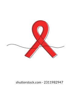 Red ribbon drawn in one continuous line. World AIDS Day. One line drawing, minimalism. Vector illustration.