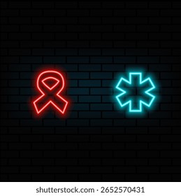 Red ribbon emblem symbol for HIV AIDS awareness Design element. neon style.