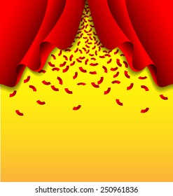 Red ribbon fall from red curtain on yellow background vector