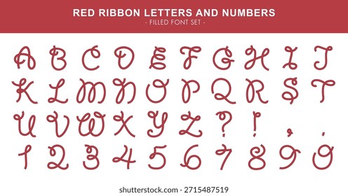 Red ribbon filled font set featuring stylish alphabet letters A–Z, numbers 0–9, and punctuation marks in a red ribbon shape.