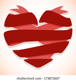Red ribbon flat banner in the shape of heart.