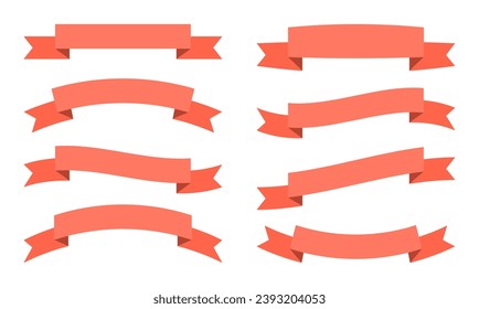 Red ribbon flat set. Blank tape banner for promotion title heading. Curled scroll vintage ribbons. Elegant retro stripes
