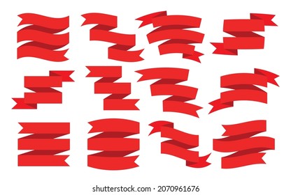 Red ribbon flat set. Holiday discount tag. Vintage sale banner shape. Festive website design element. News postcard. Christmas party decor label. Bright heraldic scroll isolated on white background