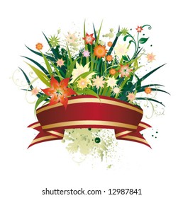 red ribbon with flowers