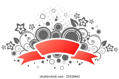 Red ribbon with flowers and abstract pattern on a white background.