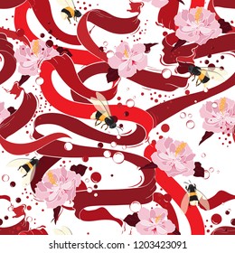 Red ribbon flowing with blooming hibiscus flower and bubbles delicate mood seamless pattern vector design for fashion,fabric,wallpaper and all prints on white background.