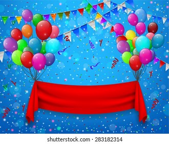 Red ribbon flying with balloons in party blue background