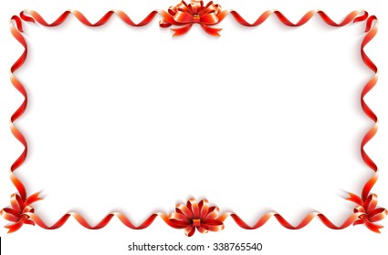 Red Ribbon Frame For Happy Celebration, Holiday Background With Red Gift Bow With Corner Ribbons