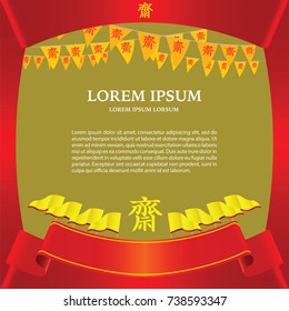 Red ribbon frame has yellow China word for Vegan Food Chinese Buddhists festival in Thailand. This event is held every year at the end of each year.