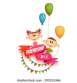 Red Ribbon With Friendship Day Title, Children, Balloons And Flags. Vector Illustration.