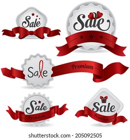 Red ribbon glossy retro and vintage sale badges label tag for quality brand sales promotion with various shape and design, create by vector 