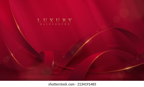 Red ribbon with gold border and glitter light effect decoration with bokeh. Luxury style background.