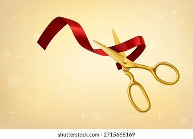 Red ribbon and golden scissors with text grand opening on festive background with bokeh lights