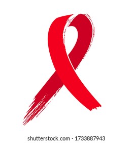 Red ribbon hand brushed isolated on white background. Vector illustration. Symbol of world world aids day in december. Color abstract grunge stripe loop. Medicine icon of cancer.