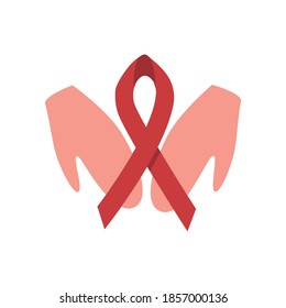 Cinta roja en las manos. Concepto de apoyo en el Día Mundial contra el SIDA. Ilustración vectorial plana.