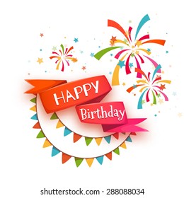 Red ribbon with Happy birthday title. Vector illustration.