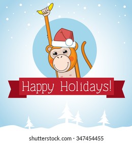 red ribbon Happy Holidays and monkey with a banana on blue