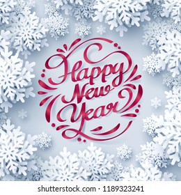 Red ribbon of HAPPY NEW YEAR calligraphy hand lettering and snowflake, vector art and illustration.
