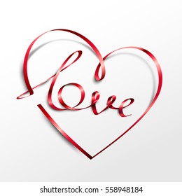 Red ribbon heart with Love inscription. Vector illustration