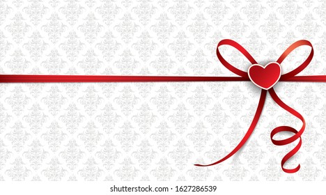 Red ribbon with red heart on the the white background with gray ornaments.  Eps 10 vector file.