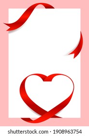 Red Ribbon Heart Shape Mock-Up for A4 size Banner Valentine's Day, Greeting card, Gift Voucher and Certificate Background, copy space