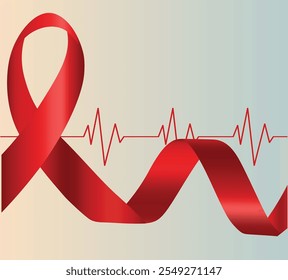 Red Ribbon Heartbeat: World Aids Day, a striking red ribbon, symbol of hope and awareness, is intertwined with a vibrant heartbeat line, resilience, and support. 