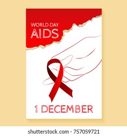 Red ribbon in his hand. world AIDS Day. Vector illustration.