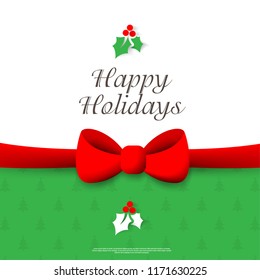 Red Ribbon with Holly Leaves for Christmas Layout/Cover. Minimalist Creative Design Concept. Stock Vector Illustration. Modern and Abstract Background
