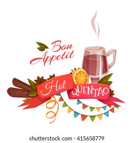 Red ribbon with hot quentao for Brazil june party. Vector illustration.