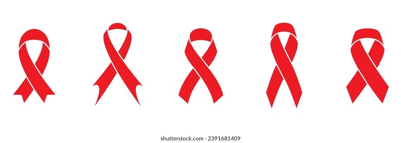 Red ribbon icon set, AIDS icon symbol, illustration of red ribbon isolated on transparent background, Raster version. awareness ribbon as a symbol of humanity, moral support, Symbol of mourning.