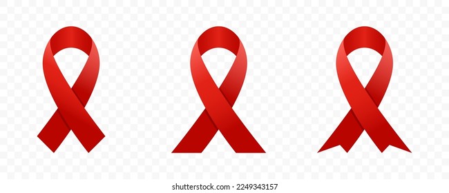 Red ribbon icons set. Breast cancer awareness ribbon. Women cancer awareness symbol. Ribbons isolated on transparent background. EPS 10