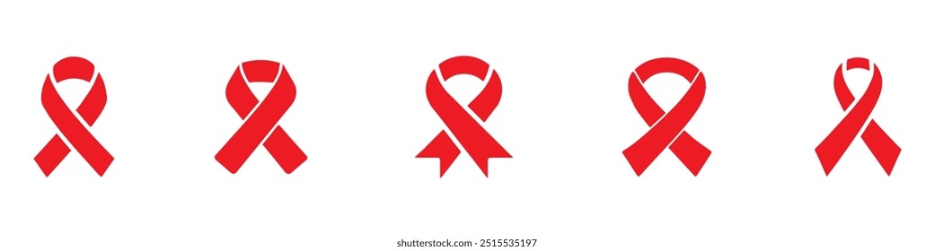 Red ribbon icons set. Breast cancer awareness ribbon. Women cancer awareness symbol. Flat and outline style. Breast cancer awareness. Three kinds of Ribbon style. EPS 10