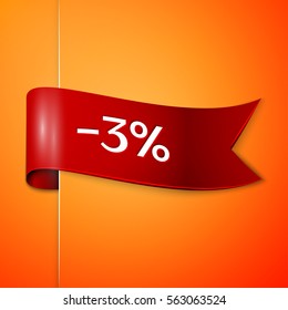 Red ribbon with inscription 3 percent discounts on orange background. Vector illustration.
